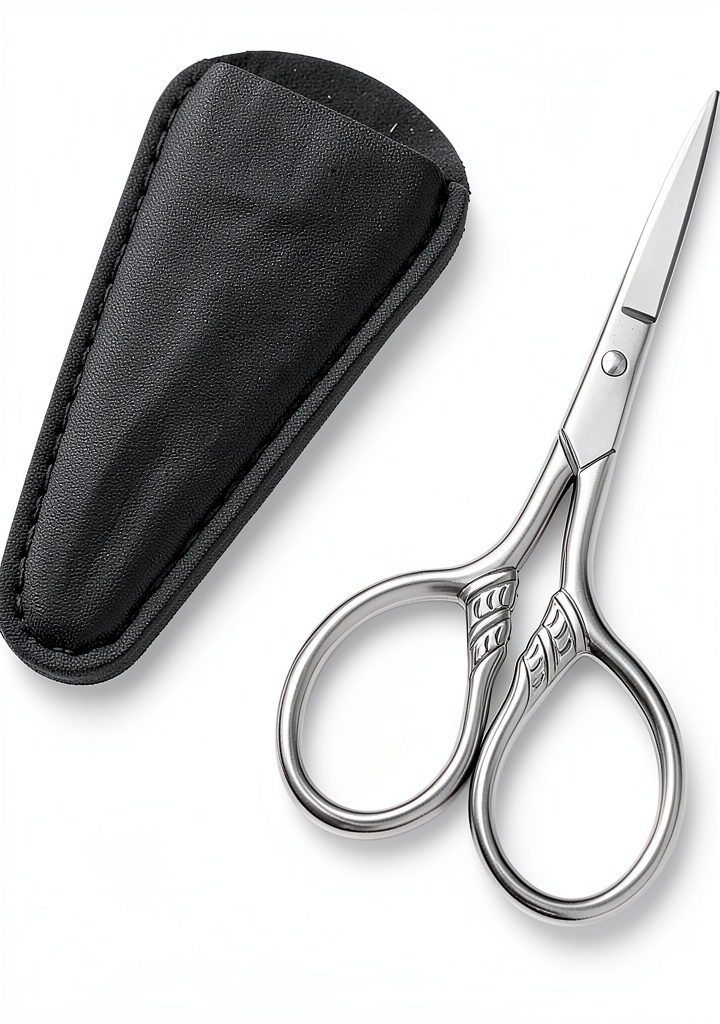 HITOPTY vintage facial hair scissors in a leather sheath on a bathroom counter