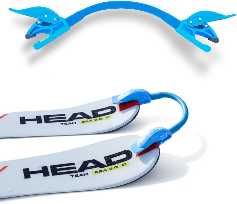 Child attaching the Launch Pad Ski Wedge Trainer to a ski on a snowy slope